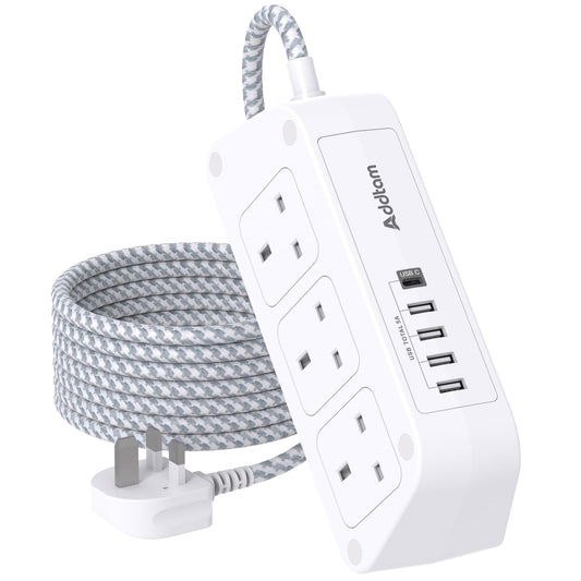 Addtam Extension Lead with USB Slots, 3M Extension Cable with 6 Way Outlets 5 USB(5A, 1 USB C and 4 USB A Ports), 3250W Overload Protection, Surge