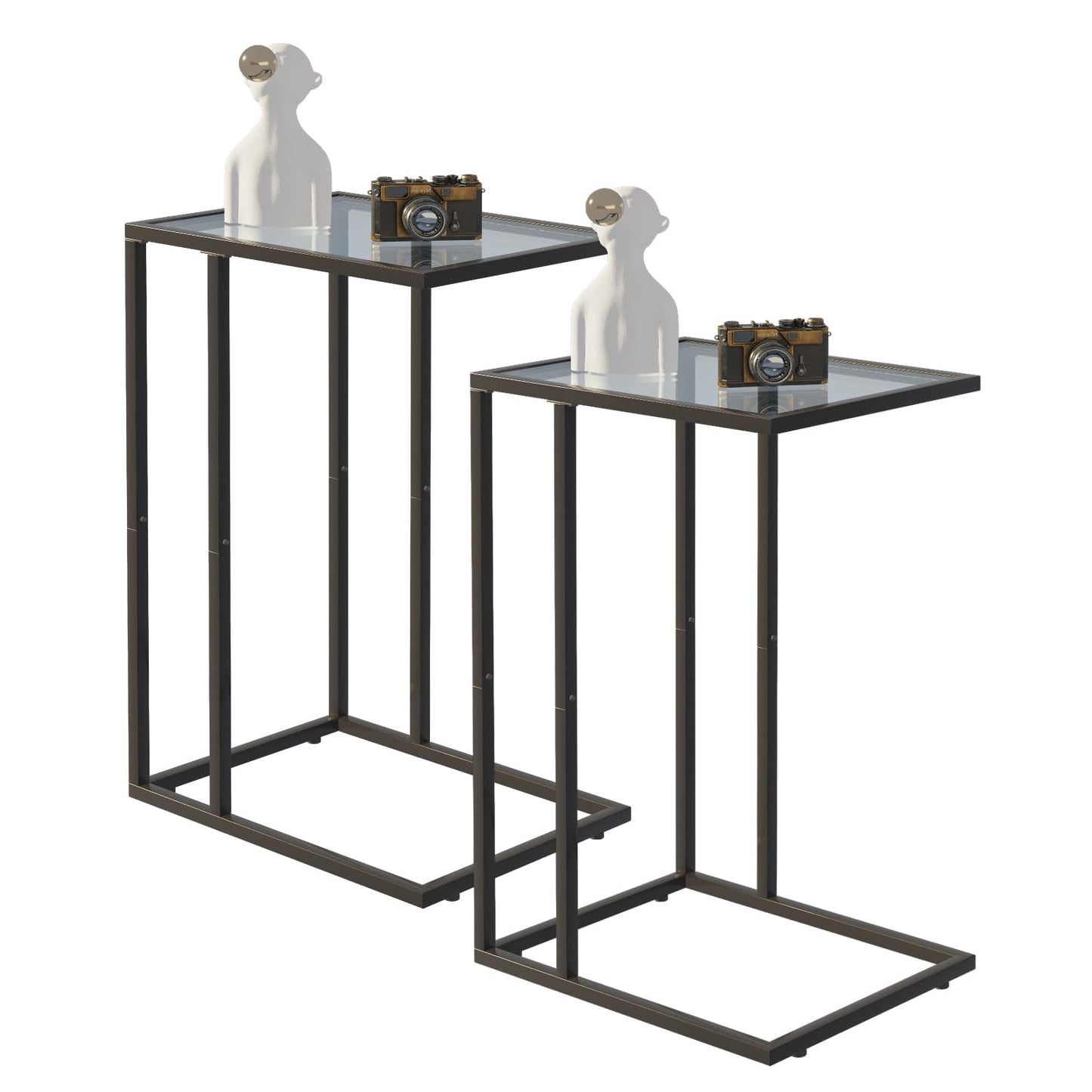 Huhote C Shaped End Table Set of 2, Glass Side Table for Couch, Sofa Table with Metal Frame, Couch Table for Living Room, Bedroom, Bedside, Black