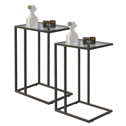 Huhote C Shaped End Table Set of 2, Glass Side Table for Couch, Sofa Table with Metal Frame, Couch Table for Living Room, Bedroom, Bedside, Black