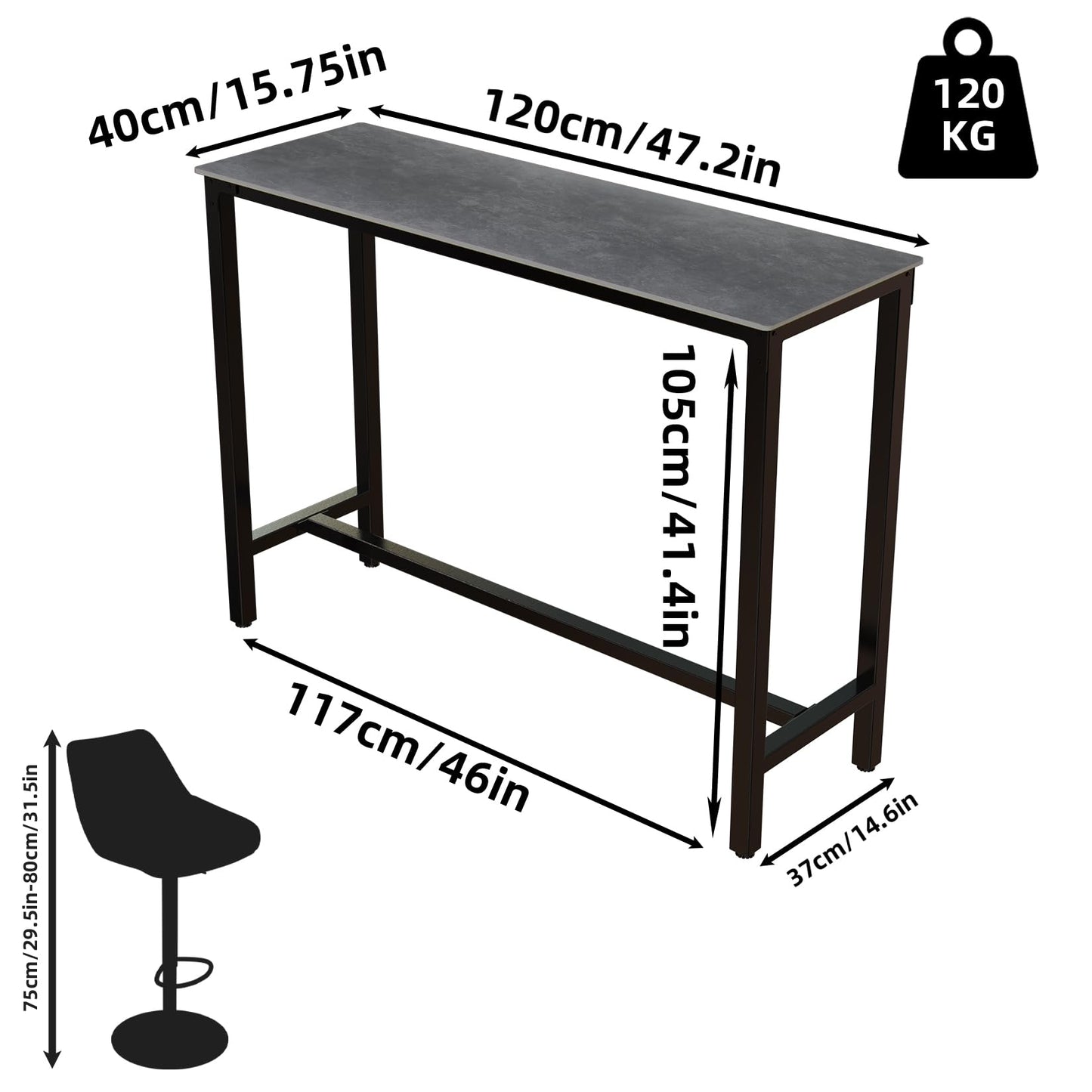 FATIVO 120cm Rectangular Bar Table Sintered Stone Marble Top, 105cm Height