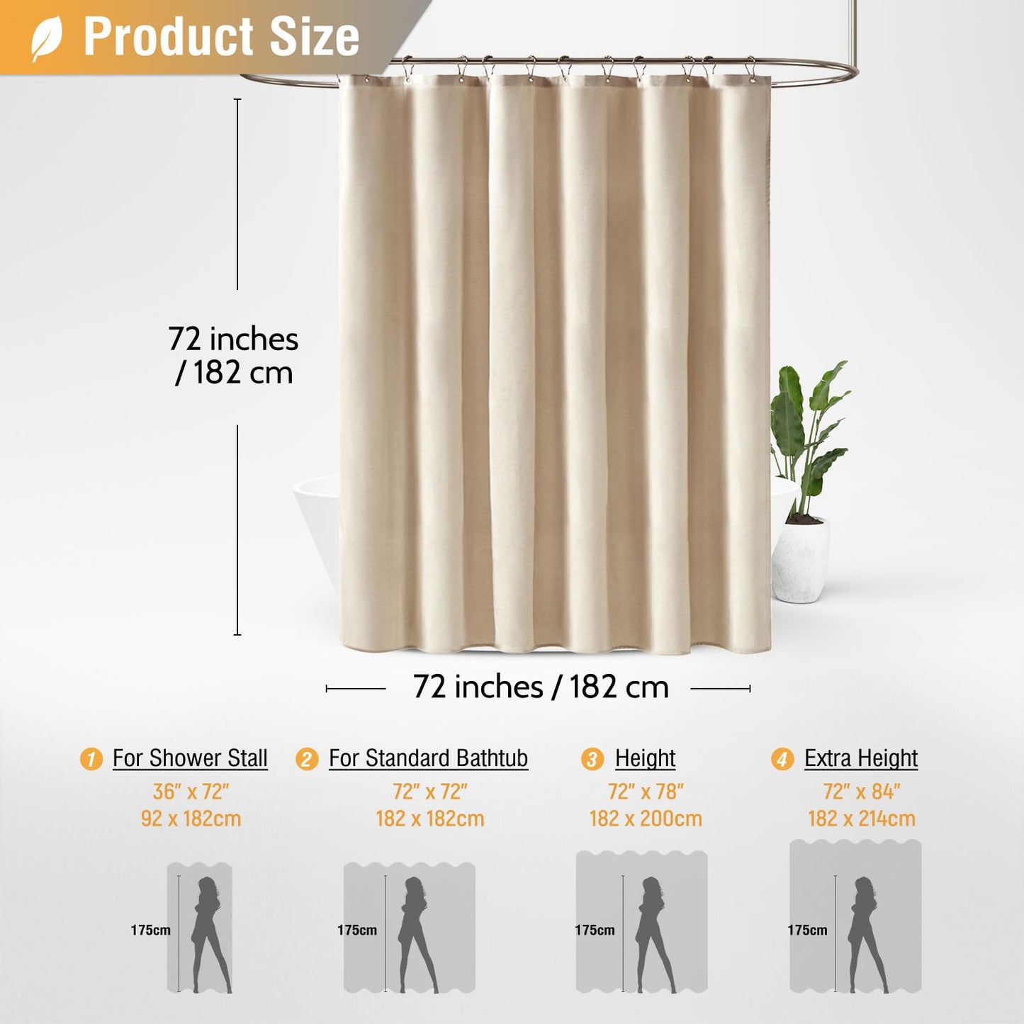 BTTN Linen Look Weighted Shower Curtain, Waterproof, 182x182cm, Beige/Cream