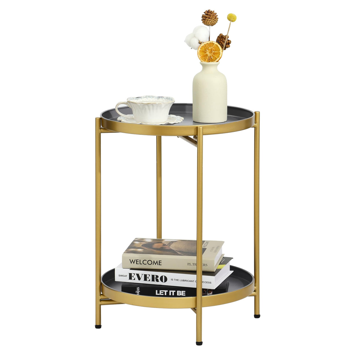 Mordchil EU 2-Tier Round End Side Table, Small Metal Side Table with Removable Tray, Folding Accent Tables for Living Room, Balcony