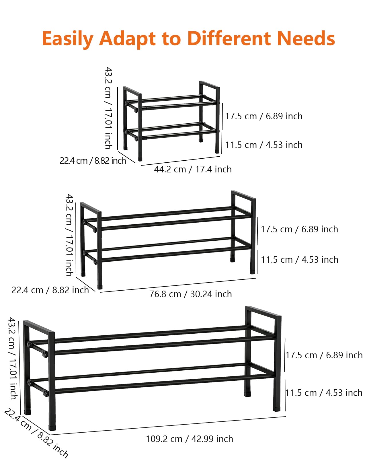 Anhow Extendable Shoe Rack, 2 Tier Adjustable Shoe Storage, 44 to 109 cm, Black Metal Free Standing Shoe Rack, Space Saving for Wardrobe, Closet