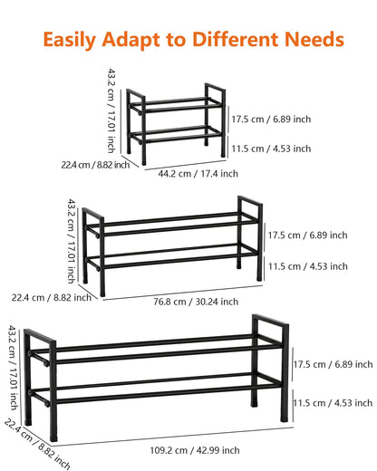 Anhow Extendable Shoe Rack, 2 Tier Adjustable Shoe Storage, 44 to 109 cm, Black Metal Free Standing Shoe Rack, Space Saving for Wardrobe, Closet