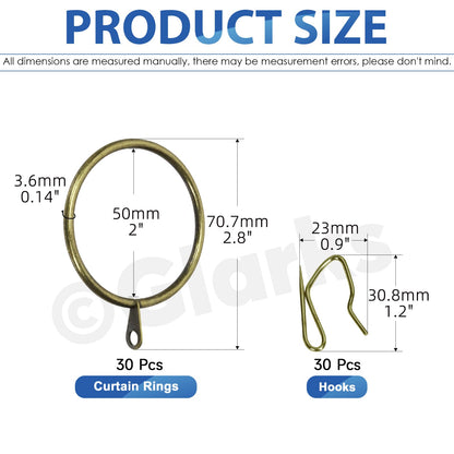 Glarks 30 Sets 50mm/2inch Verdigris Metal Drapery Curtain Hanging Rings Set, includes 30pcs Curtain Rings and 30pcs Drapery Pin Hooks