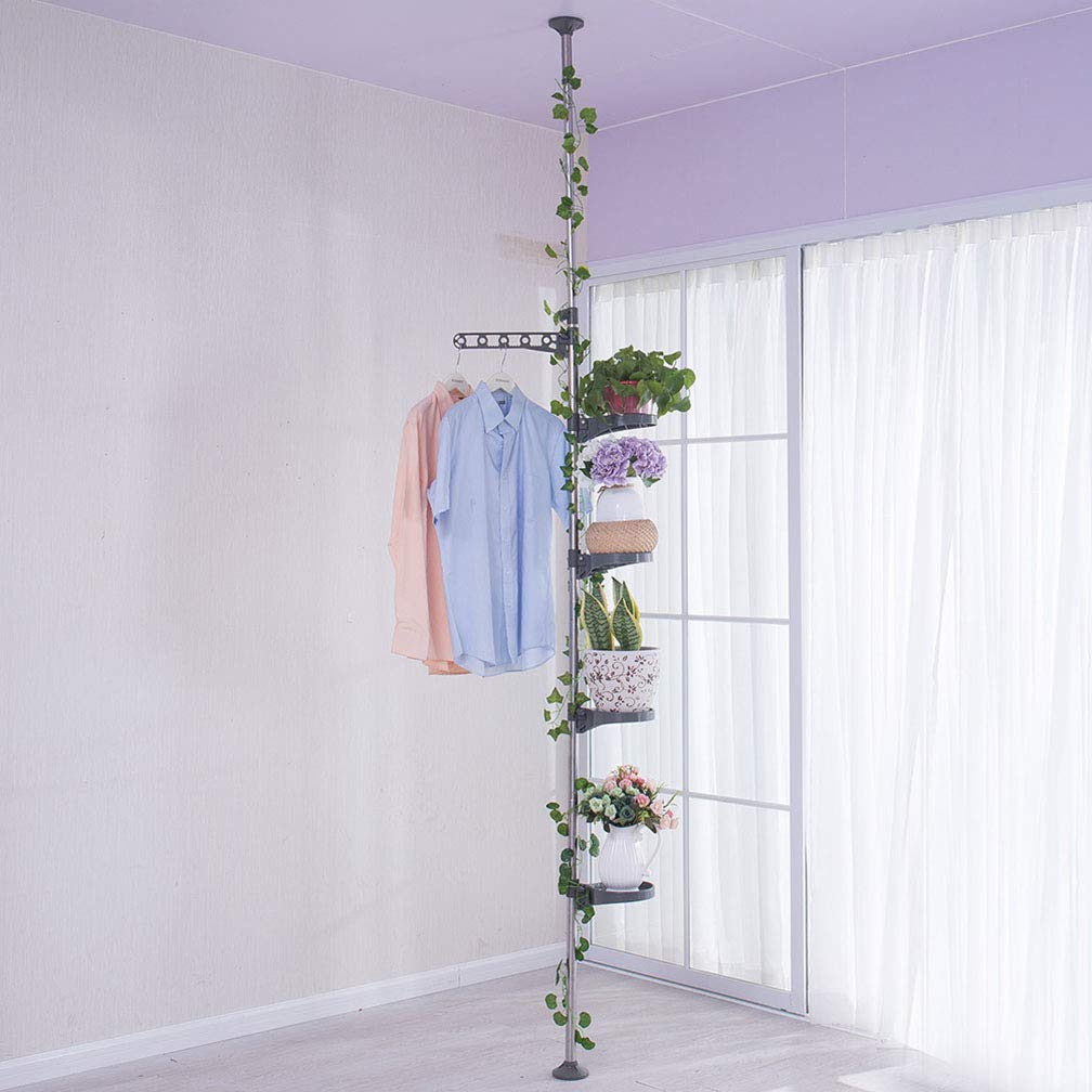 Hershii 5-Layer Indoor Plant Stand Pole Spring Tension Rod Corner Flower Display Rack Holder Adjustable Telescopic Floor to Ceiling Shelf Space Saving