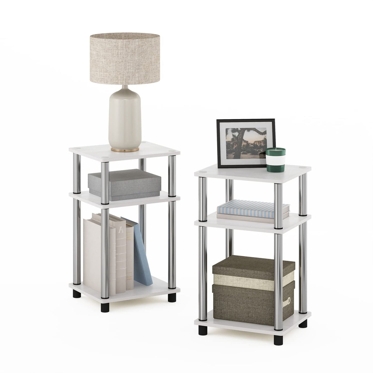 Furinno 3-Tier Turn-N-Tube End, Side Table, Nightstand, Engineered Wood, White Oak/Chrome, 2-Pack