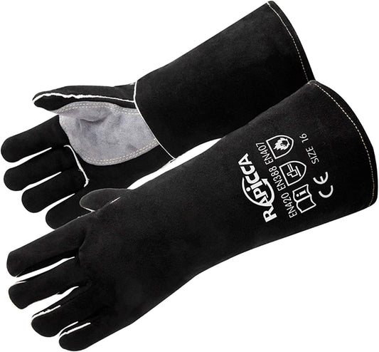 RAPICCA Welding Gloves Fire Heat Resistant: Black 14IN - Fireproof Leather For Stick Mig Flux-Core Welder Forge Blacksmith Fireplace Wood Stove Fire