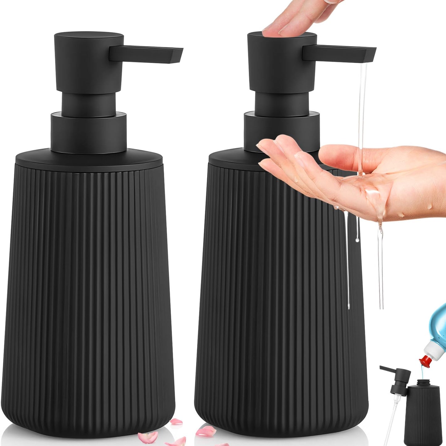 2 Pcs 350ml Black Soap Dispenser with Pump, Refillable Washing up Liquid Soap Dispenser, Modern Farmhouse Style Hand Soap Dispensers, Reusable Liquid