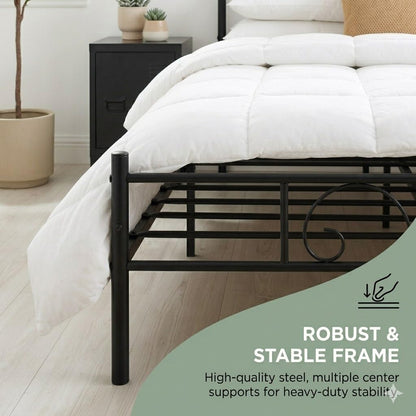 FurnitureR Black Metal Double Bed, Design Frame with Ornamental Patterns, Steel Slatted Base, Ideal for Bedroom, Studio, Guest, 140 x 190 cm