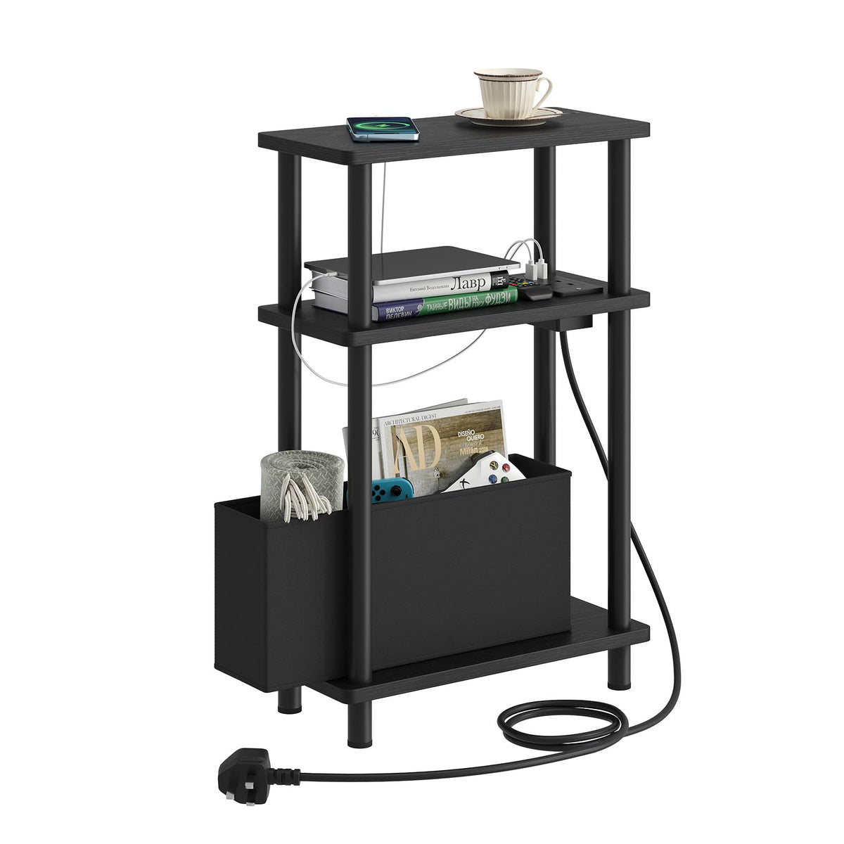 APICIZON Narrow Side Table, 3 Tier Bed Side Table, Slim End Table with Charging Station, for Living Room, Bedroom