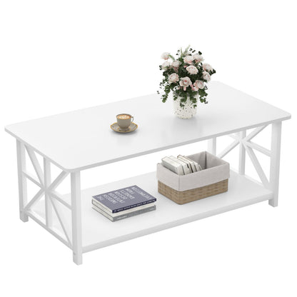 GreenForest Coffee Table with 2-Tier Storage,100 cm Living Room Table with Round Corner, Center Table with X-Frame Design for Home Office,White