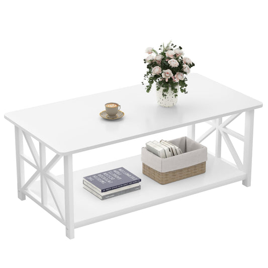 GreenForest Coffee Table with 2-Tier Storage,100 cm Living Room Table with Round Corner, Center Table with X-Frame Design for Home Office,White