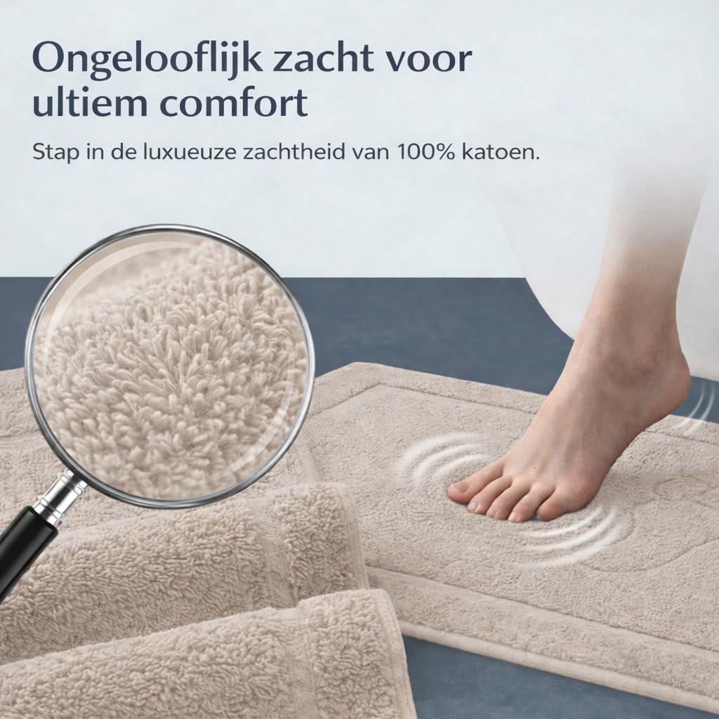 Komfortec Bath Mat 2 pcs,%100 Coton & 800 g/m², Washable, Absorbent, Quick Drying, 50 x 80 cm, Beige