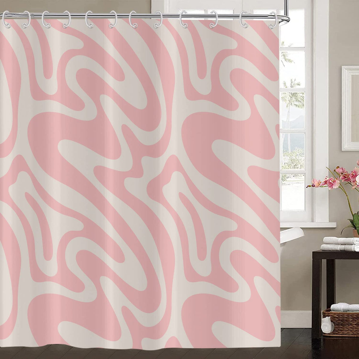Hnmdmyi Pink Shower Curtain 120x180, Abstract Retro 70s Shower Curtains Modern Aesthetic Wavy Swirl Minimalist Girls Bathroom Curtains Waterproof