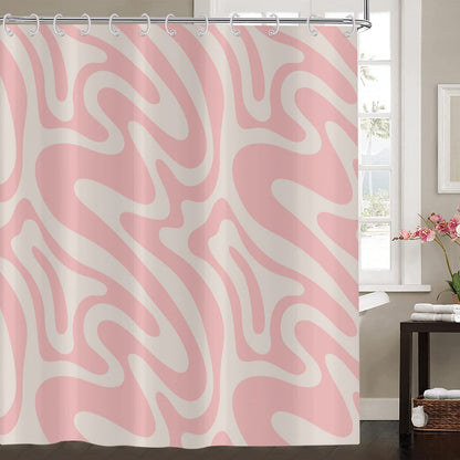 Hnmdmyi Pink Shower Curtain 120x180, Abstract Retro 70s Shower Curtains Modern Aesthetic Wavy Swirl Minimalist Girls Bathroom Curtains Waterproof