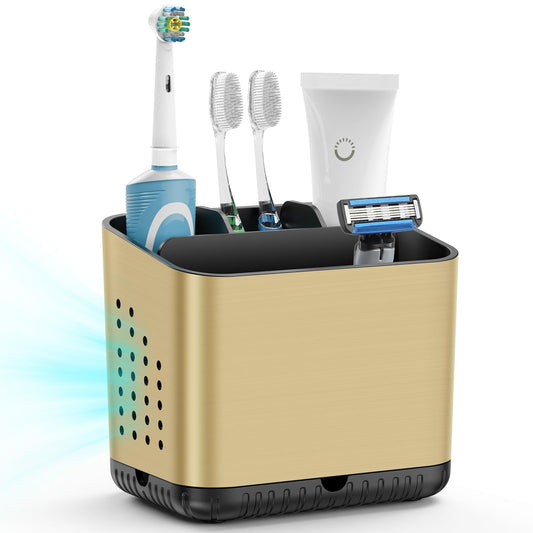 Toothbrush and Toothpaste Holder with Drainage, Black Gold Detachable Tooth Brush Holder for Bathroom Sink, Family Size 4 Slots Electric Toothbrush