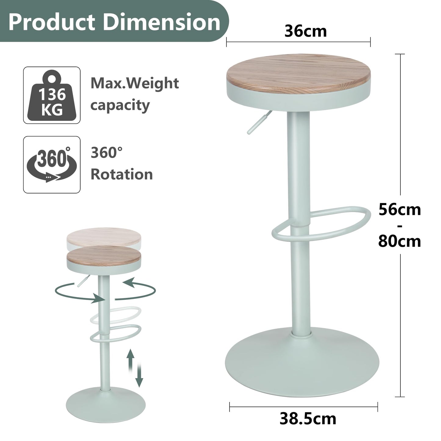 YOUNIKE Bar Stools, Solid Wood Counter Height Barstools Set of 2, Vintage High Adjustable 360° Swivel Metal Bar Chairs, Breakfast Kitchen Stools