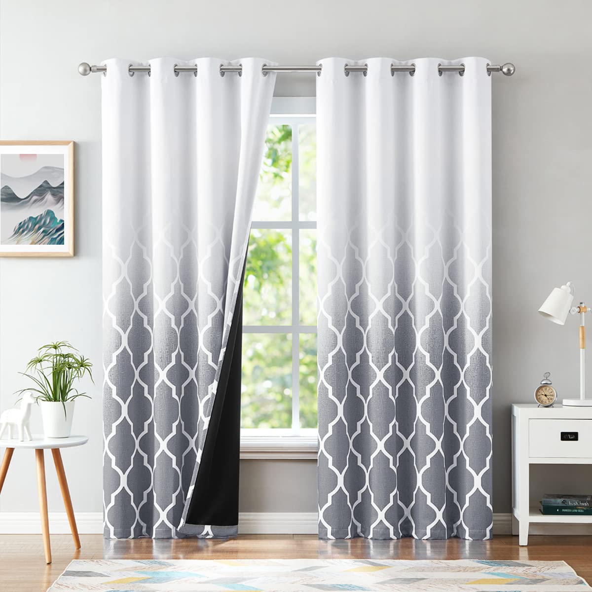 Beauoop Blackout Curtains for Living Room Grey Ombre Curtains 90 Inch Drop Geometric Print Eyelet Curtain for Bedroom Room Darkening Thermal Insulated