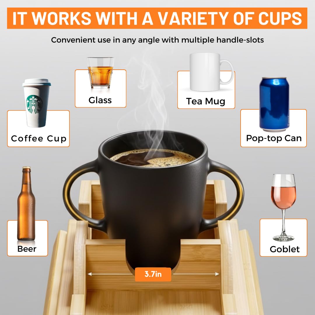 Hazzas Bamboo Couch Armrest Table, Sofa Arm Tray with Detachable Couch Cup Holder - 2 in 1 Anti-Slip Foldable Sofa Armchair Caddy Table