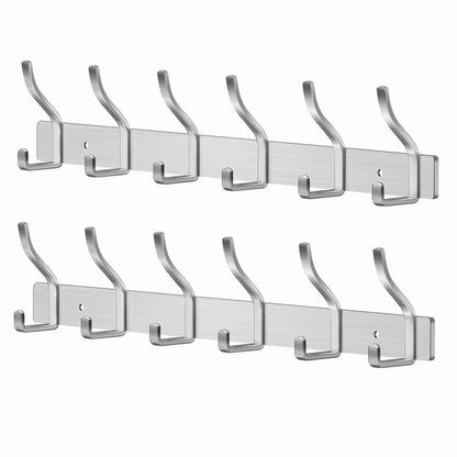 MEIJO Coat Hooks Wall Mounted Stainless Steel, Silver Coat Rack Wall Mounted with 6 Hooks Heavy Duty Coat Hooks for Door, Bathroom, Bedroom, Kitchen