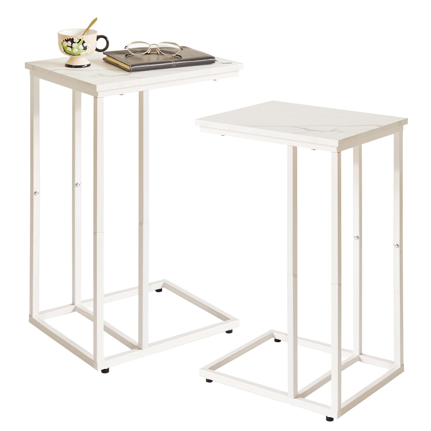 Aibiju Set of 2 Sofa Side Table,C Shaped End Table, Snack Coffee Laptop Desk with Metal Frame for Office, Living Room, Bedroom, White Faux Marble and