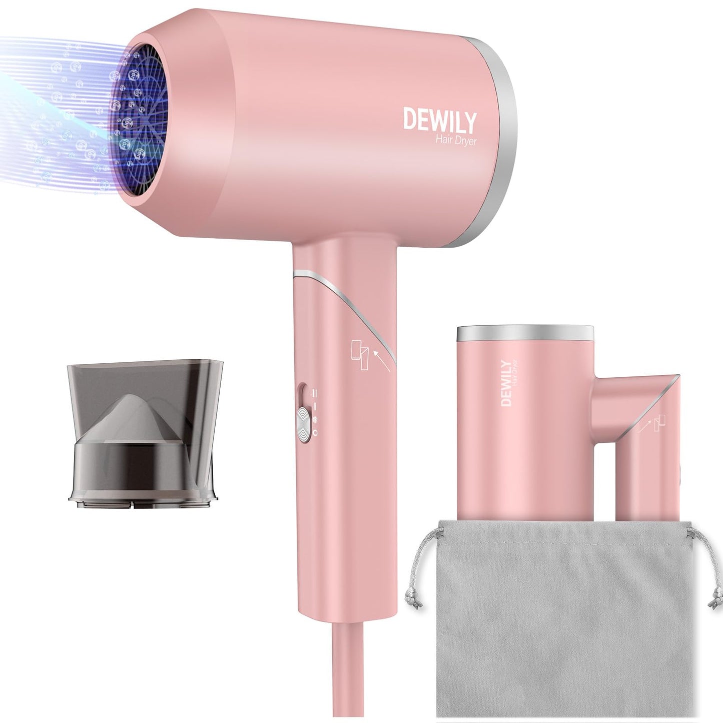 Travel Hairdryer for Women Lightweight - DEWILY Small Travel Hair Dryers with Bag?Powerful Foldable Blow Dryer, Fast Drying 1800W Pink