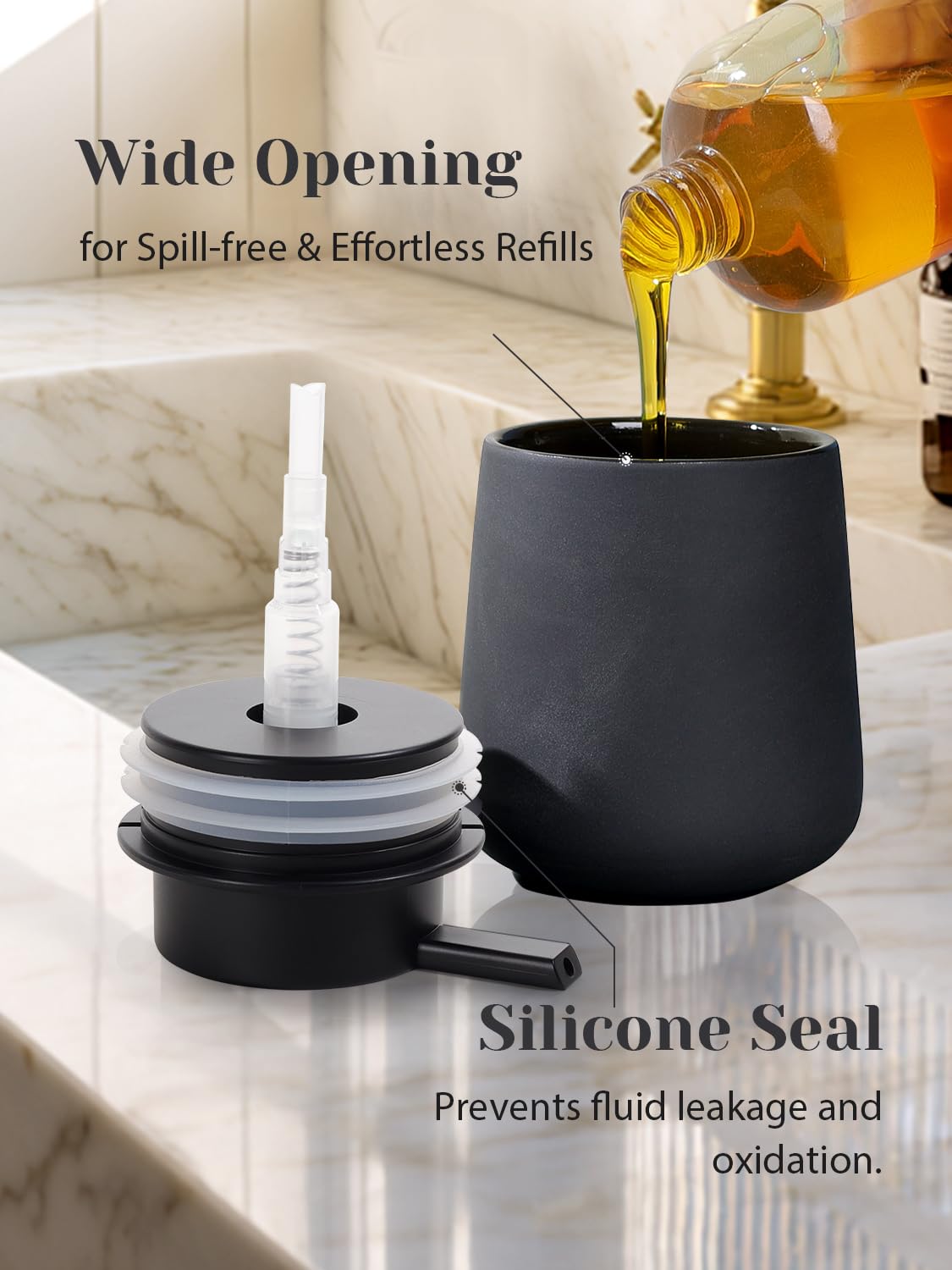 Autumnlife Soap Dispenser Grey Detergent Dispenser, 350 ml Black Porcelain Soap Dispenser with Large Pump Head