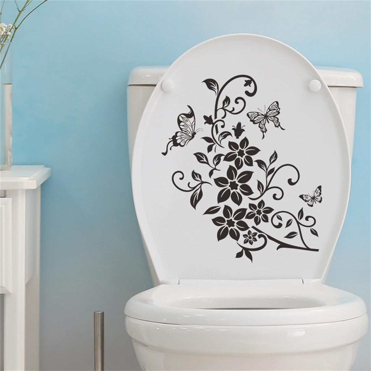 Black Flowers Butterfly Bathroom Toilet Seat Lid Cover Decals Stickers PVC Sticker Removable Self-Adhesive Restroom Decor Art Decoration Toilet Lid