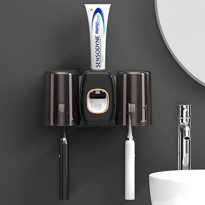 Braozaiw toothbrush holder wall mounted, toothpaste dispenser, electric toothbrush holder, With 4 Brush Slots 2 Cups No Drilling Required (Black)
