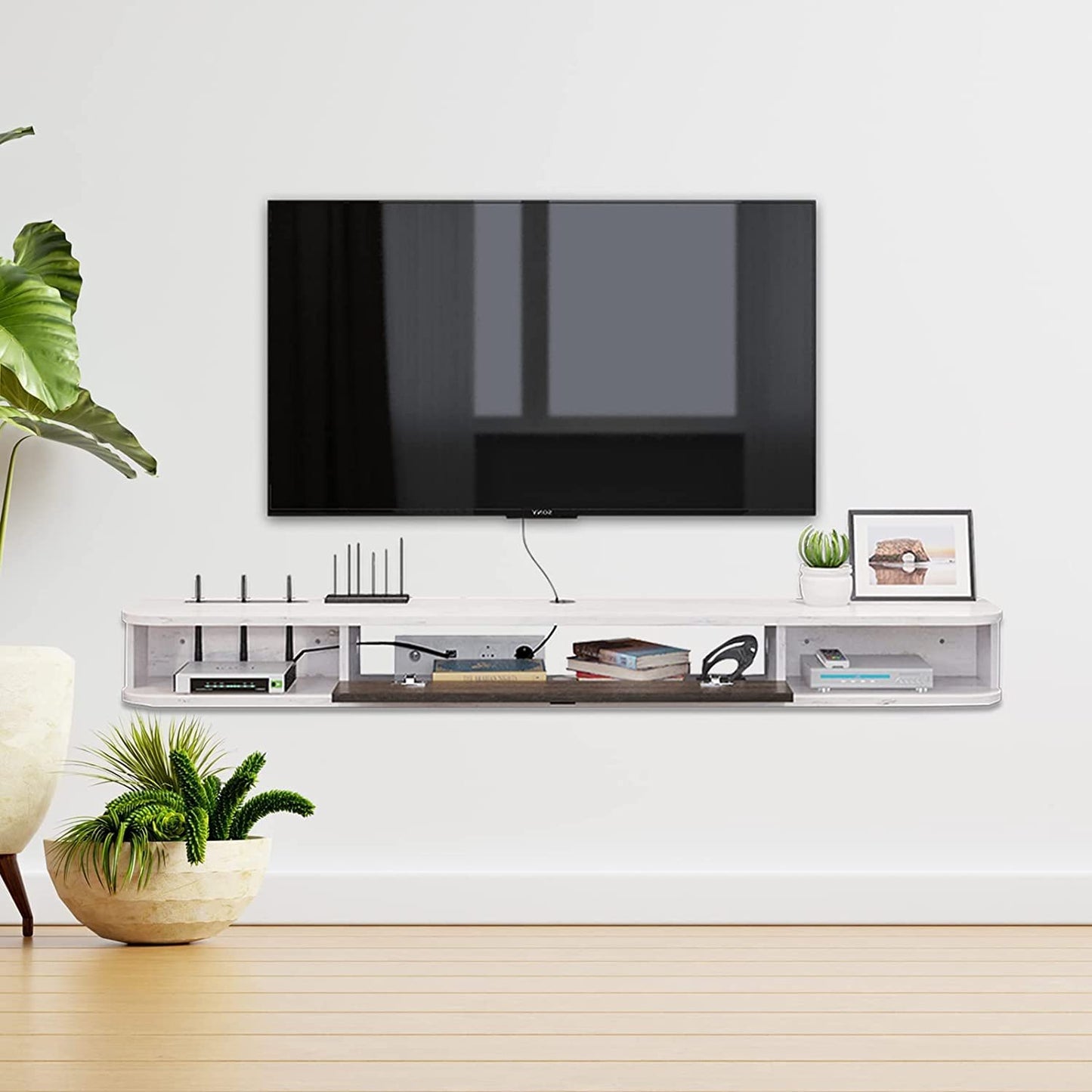 Pmnianhua Floating TV Unit, Wall Mounted TV Cabinet, Floating Shelves with Door, Modern Entertainment Media Console Center Large Storage TV Bench for