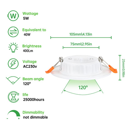Tofisr LED recessed Ceiling Light,5W Cool White Light 6000K,Round Metal Downlights for Ceiling,220V-240V,Cutout 75-95mm,Ultra Slim Round Spotlights