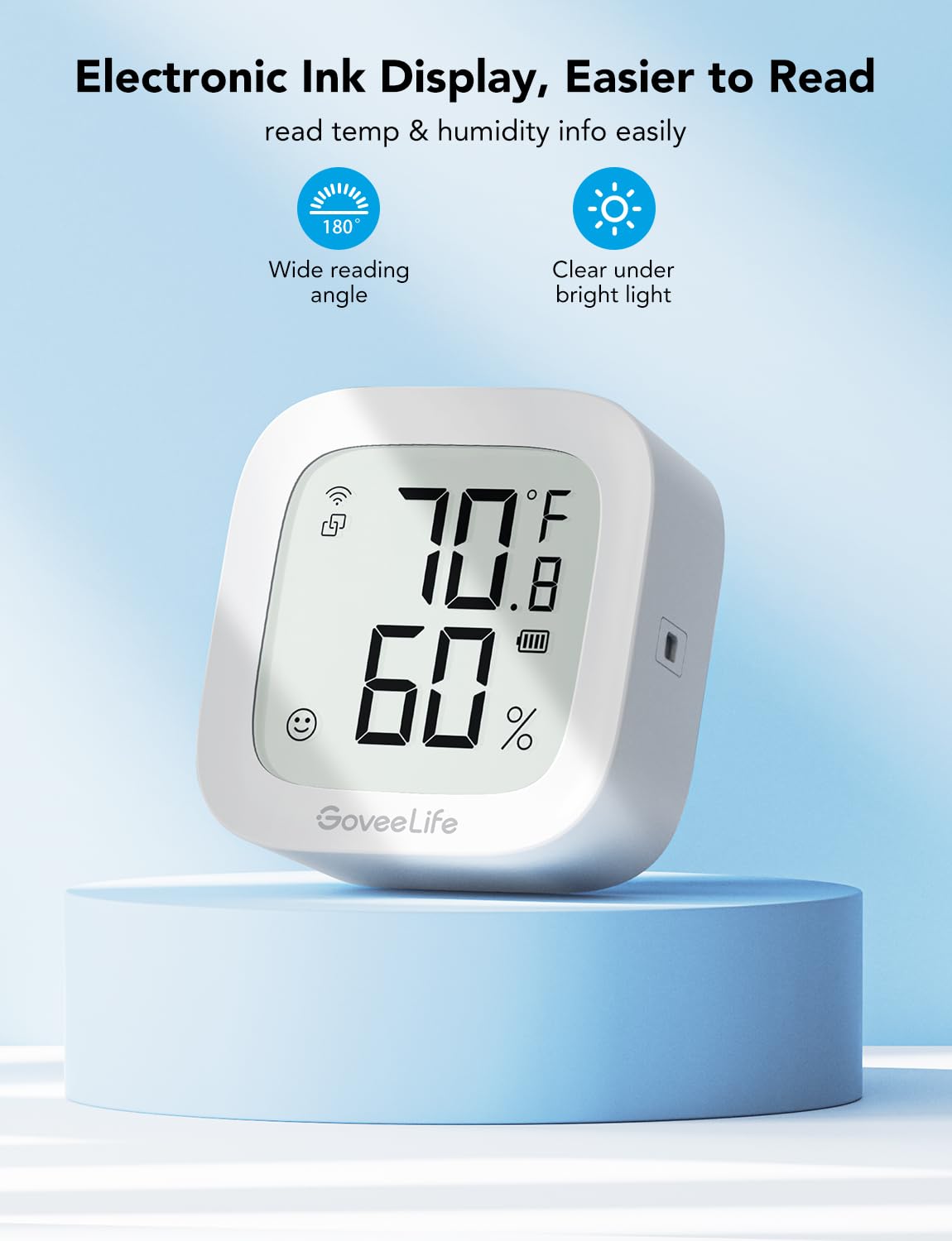 GoveeLife E-Ink WiFi Thermometer Hygrometer, Digital Room Humidity Meter, Indoor Temperature Monitor with App Notification Alert, 2-Year Free Data