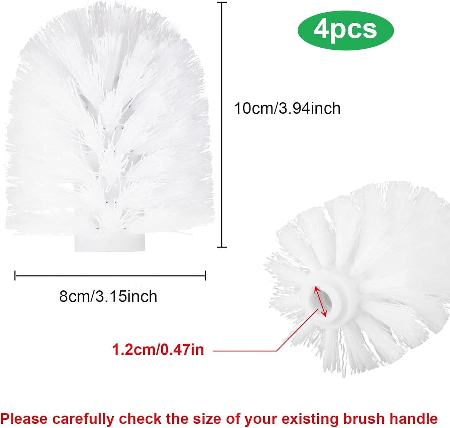 4 Pack Toilet Brush Replacement Heads White Screw On 12mm Thread Port, Antibacterial Stiff Bristles, Universal Fit for Most Toilet Brush Handles