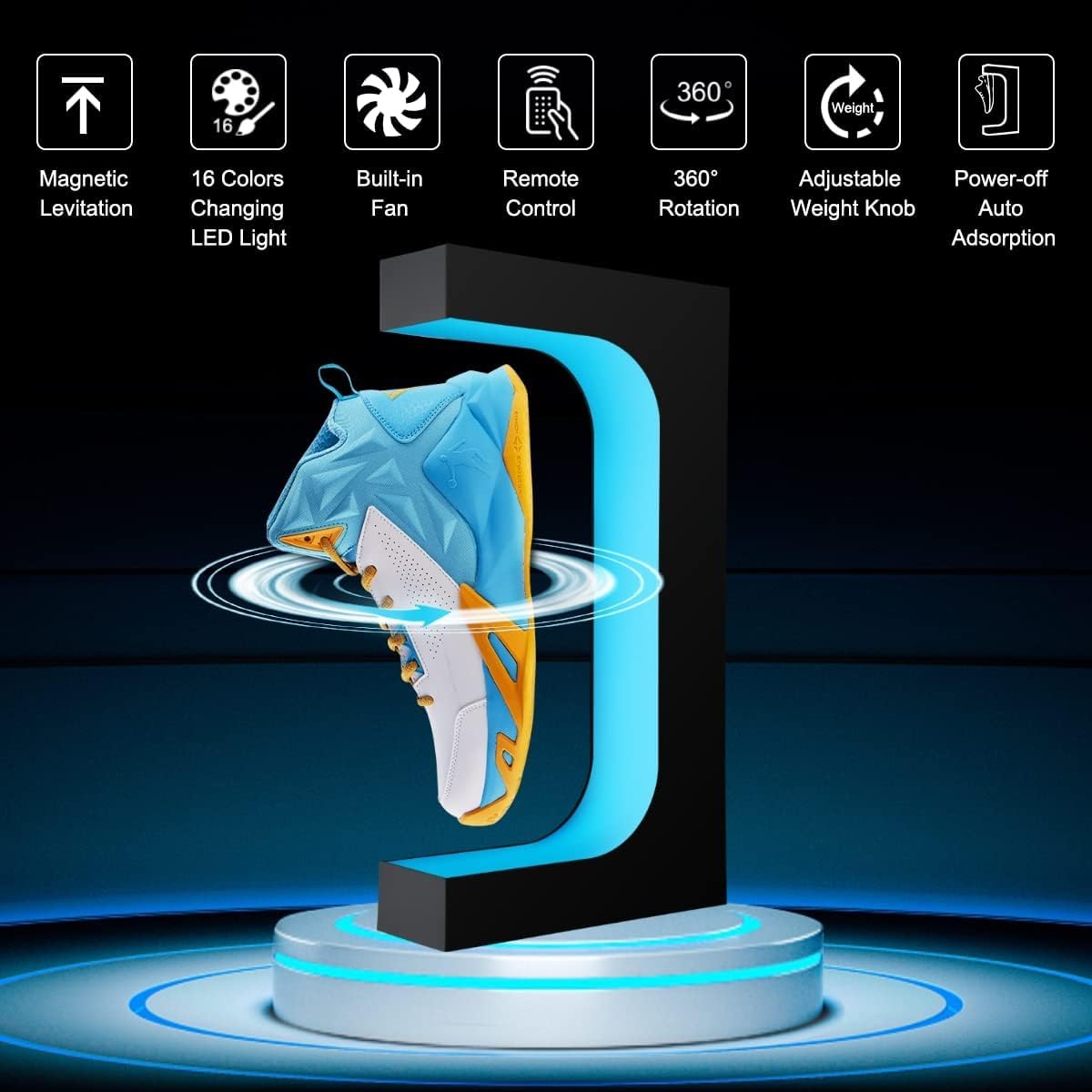 Vnemofey Levitating Shoe Display with 16 Colors Light, Floating Sneaker Stand , 360 Rotation Spinning Shoe Shelf Rack Holder for Store Advertising