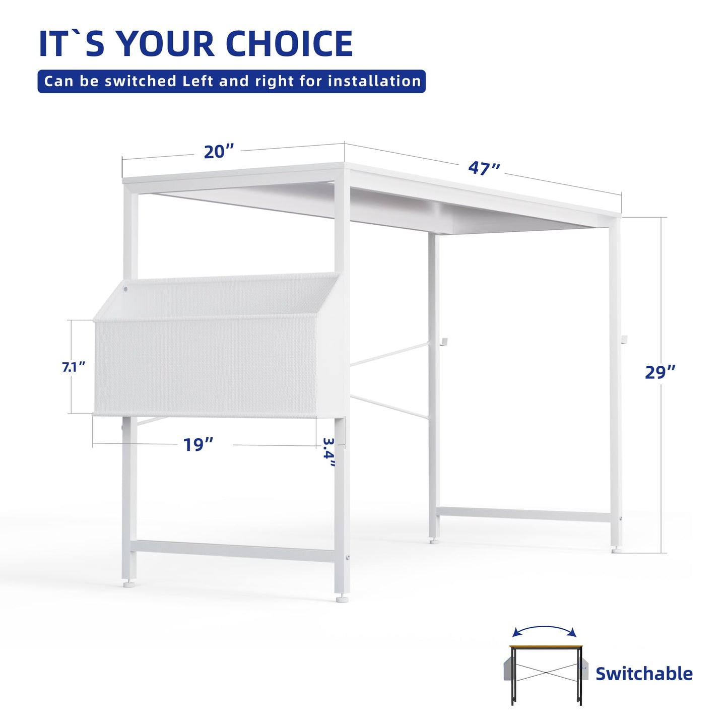 PAMRAY 120x50cm Computer Desk for Small Spaces with Storage Bag, Home Office Work Desk with Headphone Hook, Small Office Study Writing Table， White