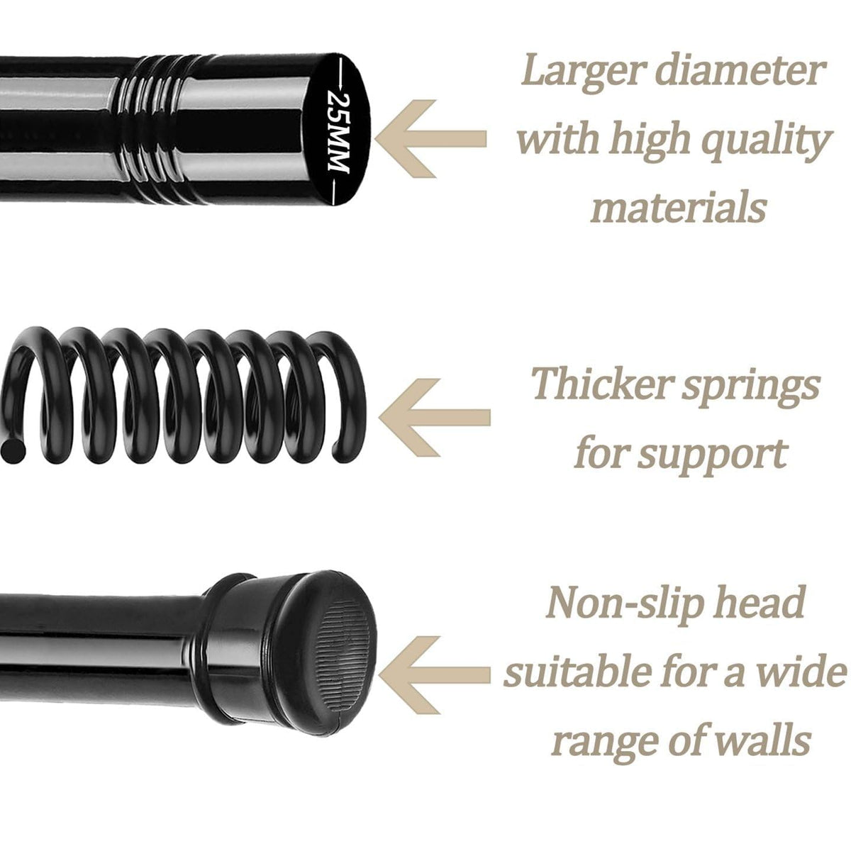 Curtain Poles No Drilling Adjustable Shower Poles Extendable Anti-Slip Ends Tension Rod For Curtain Pole For Wardrobe,Bathroom Black 67-90CM
