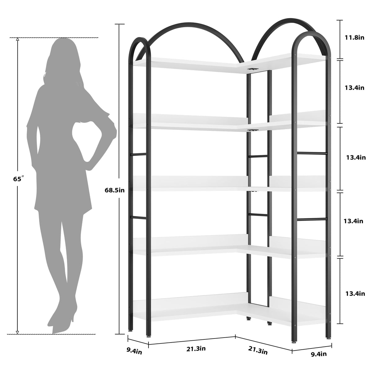 Crevyteg 68.5" Arched Industrial Corner Bookcase - 5-Tier Large Bookshelf with Wood Shelves and Metal Frame - Modern Storage Display for Home Office
