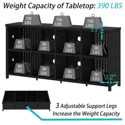 LVB Black Horizontal Bookshelf, Modern Cube Storage Organizer Bookcase, Industrial Wide Long Wood Metal Book Shelf