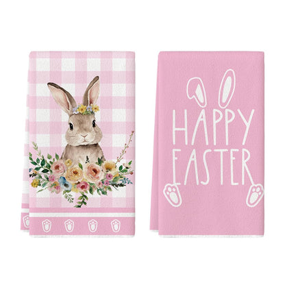 Artoid Mode Pink Buffalo Plaid Flowers Rabbit Happy Easter Kitchen Towels Dish Towels, 42x65 cm Spring Polyester Decoration Hand Towels Set of 2