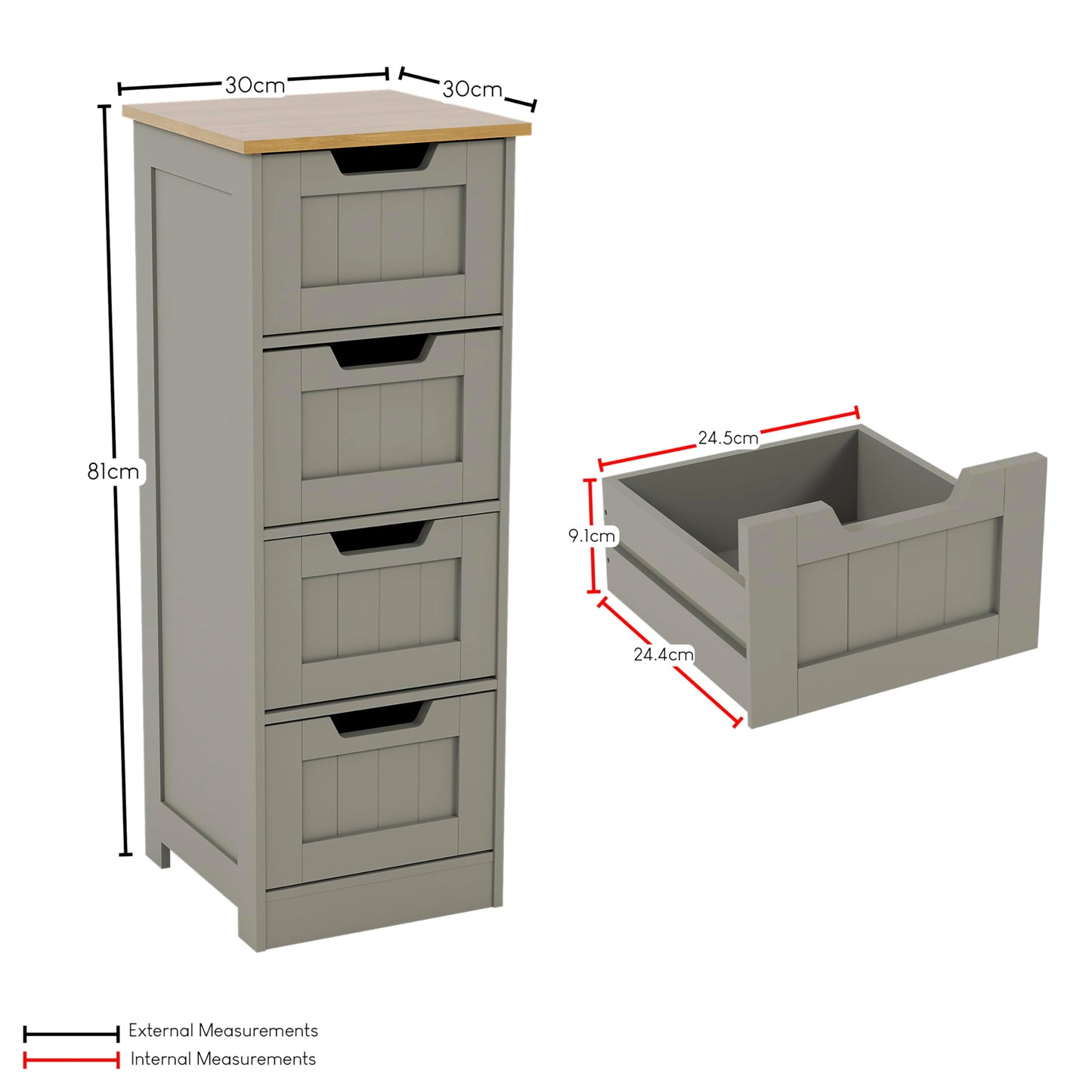 Bath Vida Priano Freestanding 4 Drawer Bathroom Storage Cabinet, Grey & Oak
