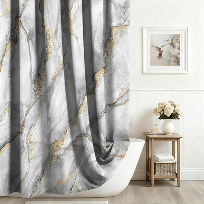 Xiaoterna Marble Shower Curtain 3D Grey Gold Bathroom Curtain Luxury Modern Abstract Grey Marble Golden Dots Water Repellant Machine Washable Shower