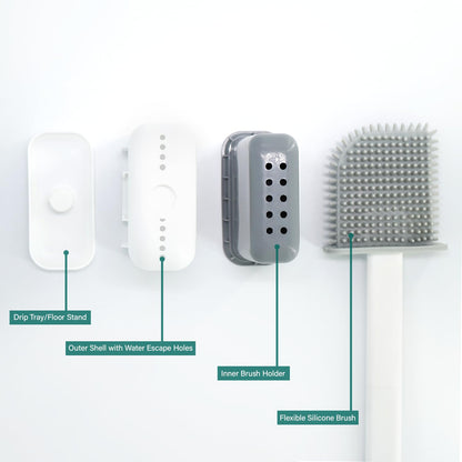 Pack of 2, White Toilet Brush Set, Bathroom Silicone Toilet Brushes and Holders with Self Adhesive Wall Mount
