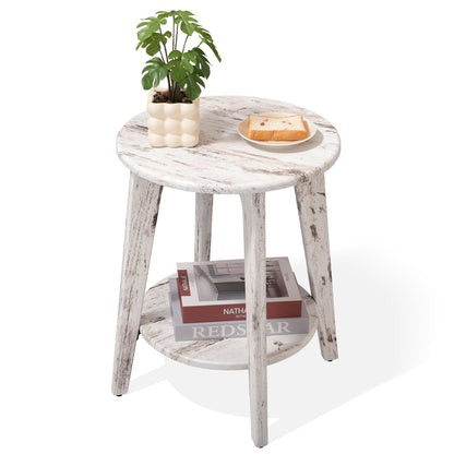 FEUFOAM Round Side Table White Wooden End Table with Lower Shelf Rustic Vintage Nightstand Beside Table Small Accent Tables for Living Room Bedroom