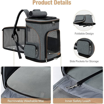 Lekesky Expandable Cat Carrier Backpack - Portable Breathable Rucksack for Medium and Small Cats & Dogs, Foldable with Inner Escape-proof Leash and Pet Mat, Supports 15 lbs (Grey)