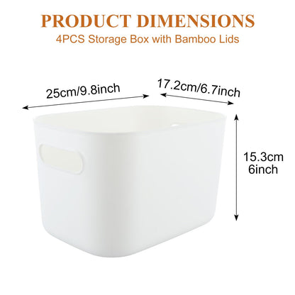WOPPLXY 4PCS White Storage Boxes with Bamboo Lid - 6.5L Stackable Plastic Storage Box with Lids Durable