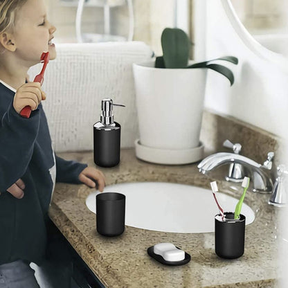 Hosoncovy 4 Pieces Bathroom Accessory Set with Soap Dispenser, Bathroom Cup, Soap Dish ，Toothbrush and Toothpaste Holder (Black)
