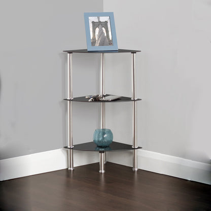MAHARA 3 Tier Chrome Effect Black Corner Glass Shelving Unit - Tempered Safety Glass Shelves Max 5kg - Storage Unit W41cm x D30cm x H61.5cm