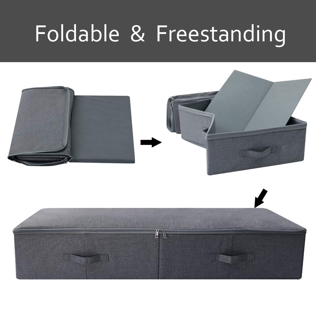 Amonsen 2 Pack Large Foldable Under Bed Storage Container for Duvets, Blankets, Clothes, Shoes, Hard Plastic Boards Inside, Washable, Black and Grey