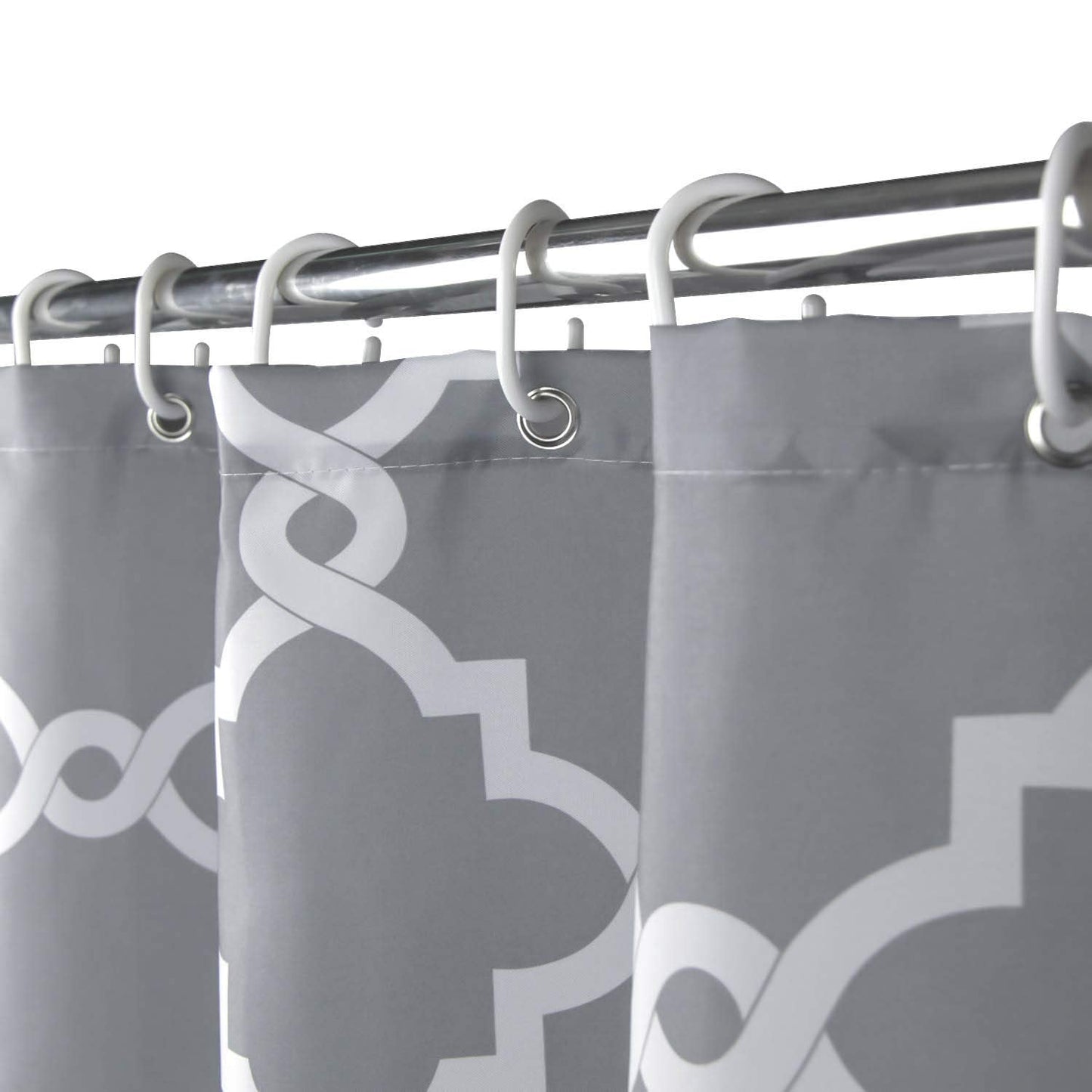 WELTRXE Moroccan Fabric Shower Curtain with Hooks, Waterproof Polyester Geometric Pattern Bathroom Curtains, Machine Washable, 72 x 72 inches, Gray